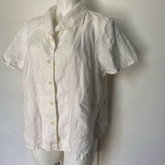 Flax 100% Linen ivory boxy button down short sleeve top - Picture 6 of 7